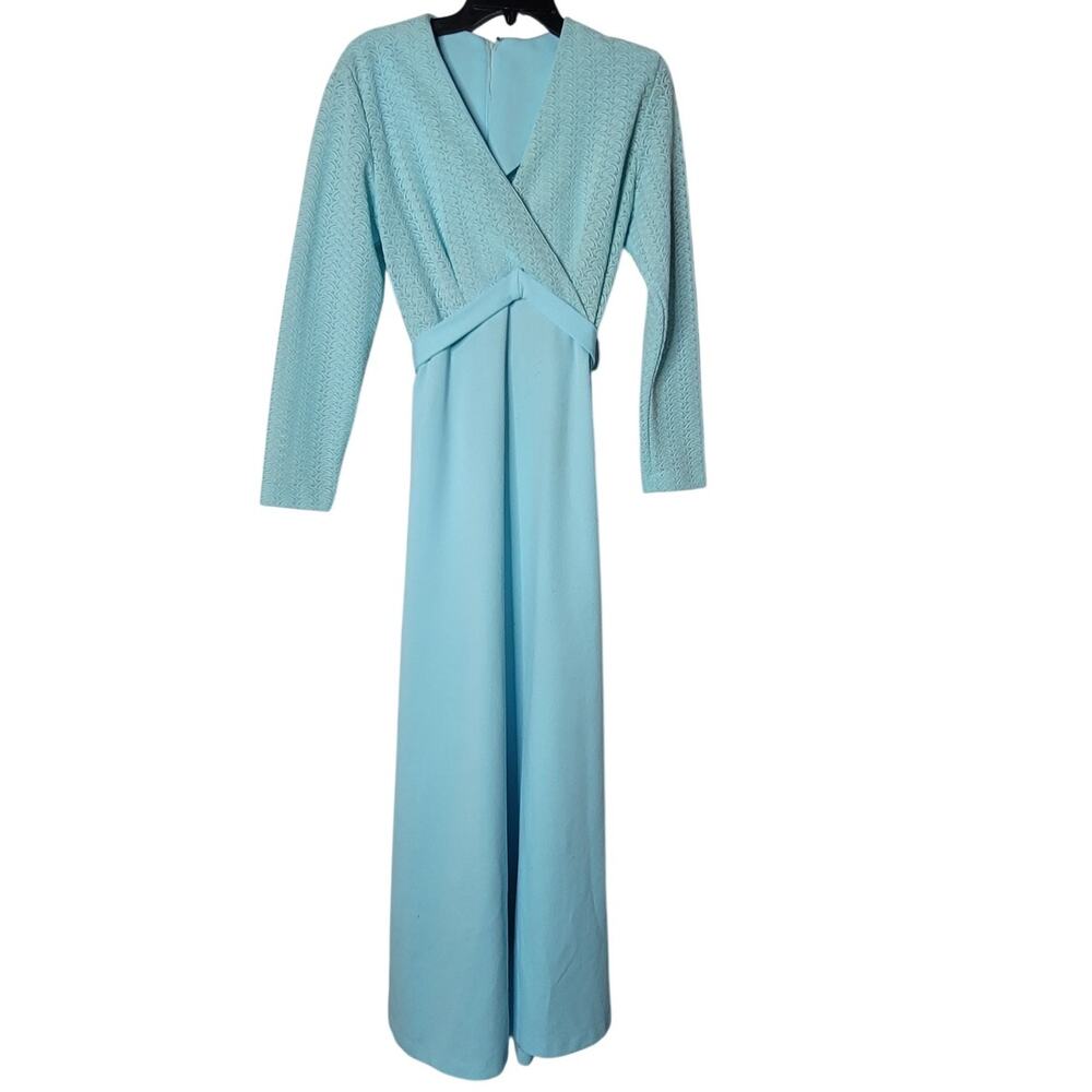 Vintage 70s Sears Blue Lace VNeck Maxi Dress Long Sleeve Mod Medium / Large Belt - Picture 2 of 9